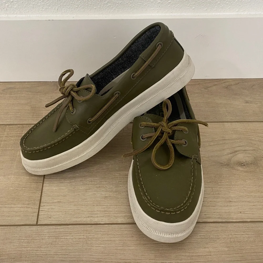Sperry Top Sider Leather 2 Eye Raincoat Olive Green Boat Shoes